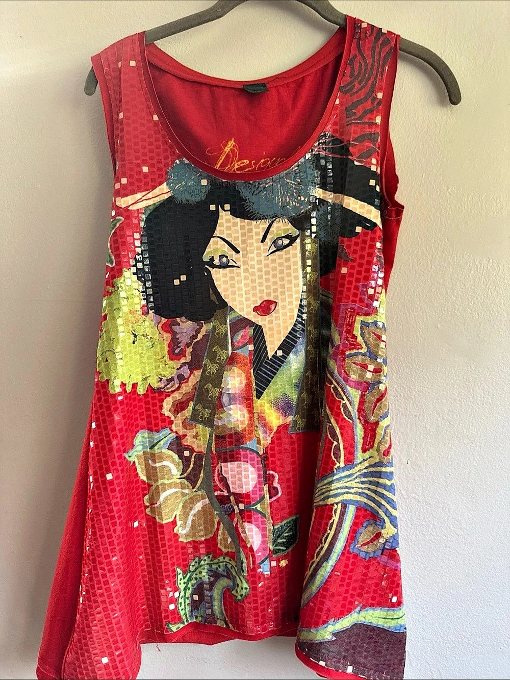 Desigual Sequin Geisha  Graphic Tank Top in Red Multicolor Like New